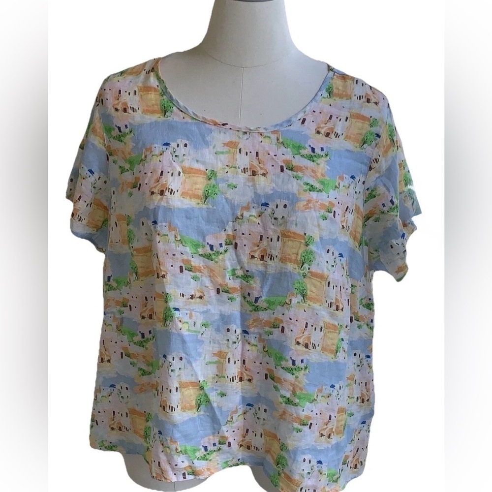 Cynthia Rowley 100% Linen Greek Island Print Santorini Blouse Top Plus 2X Boxy